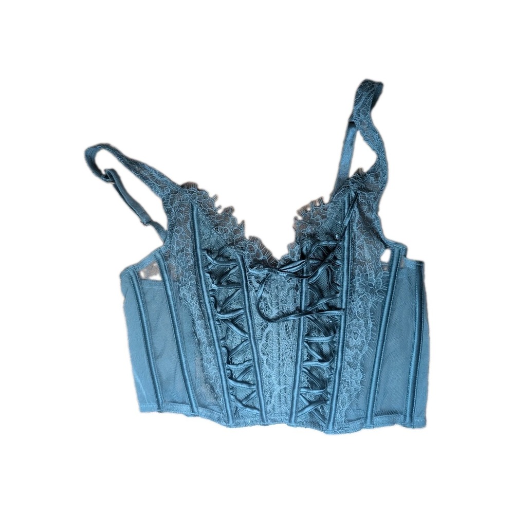 Women's Deep Green Lace Corset Bustier Boned Lace-Up Back Adjustable Straps Sz M